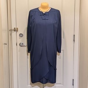 Vintage 80s Frank Usher 16 Navy Blue Layered Bow Front Mid Dress